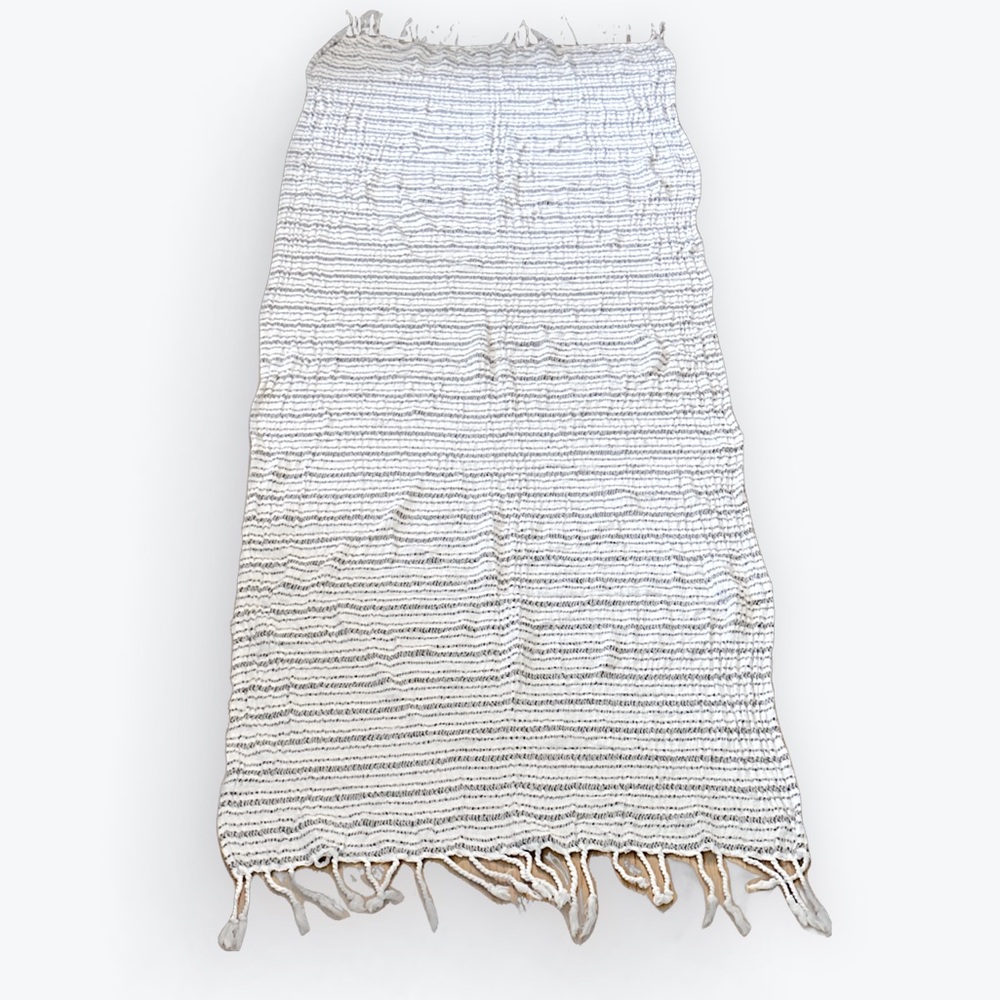 Minimalist Neutral Hand-Loomed Cotton Gray/White Tassel Throw 27.5” x 72” Gute